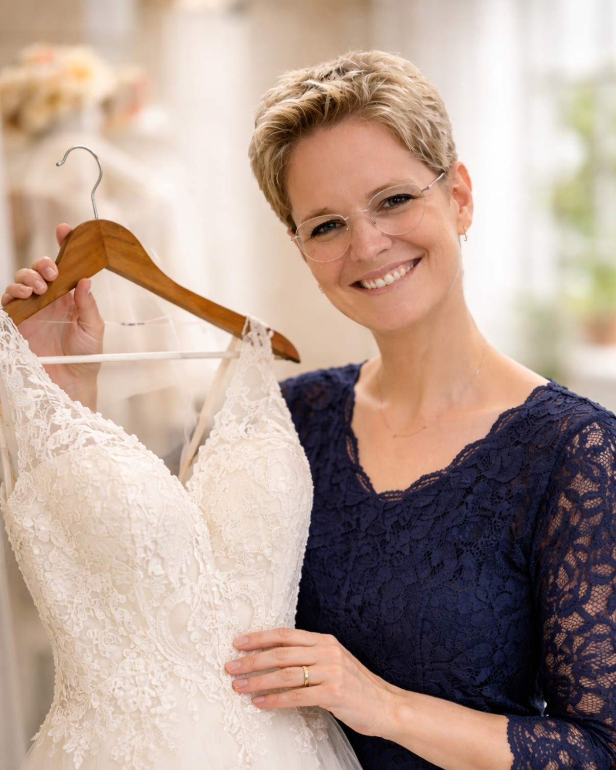Daniela Maurer mit einem Brautkleid in ihrem Atelier